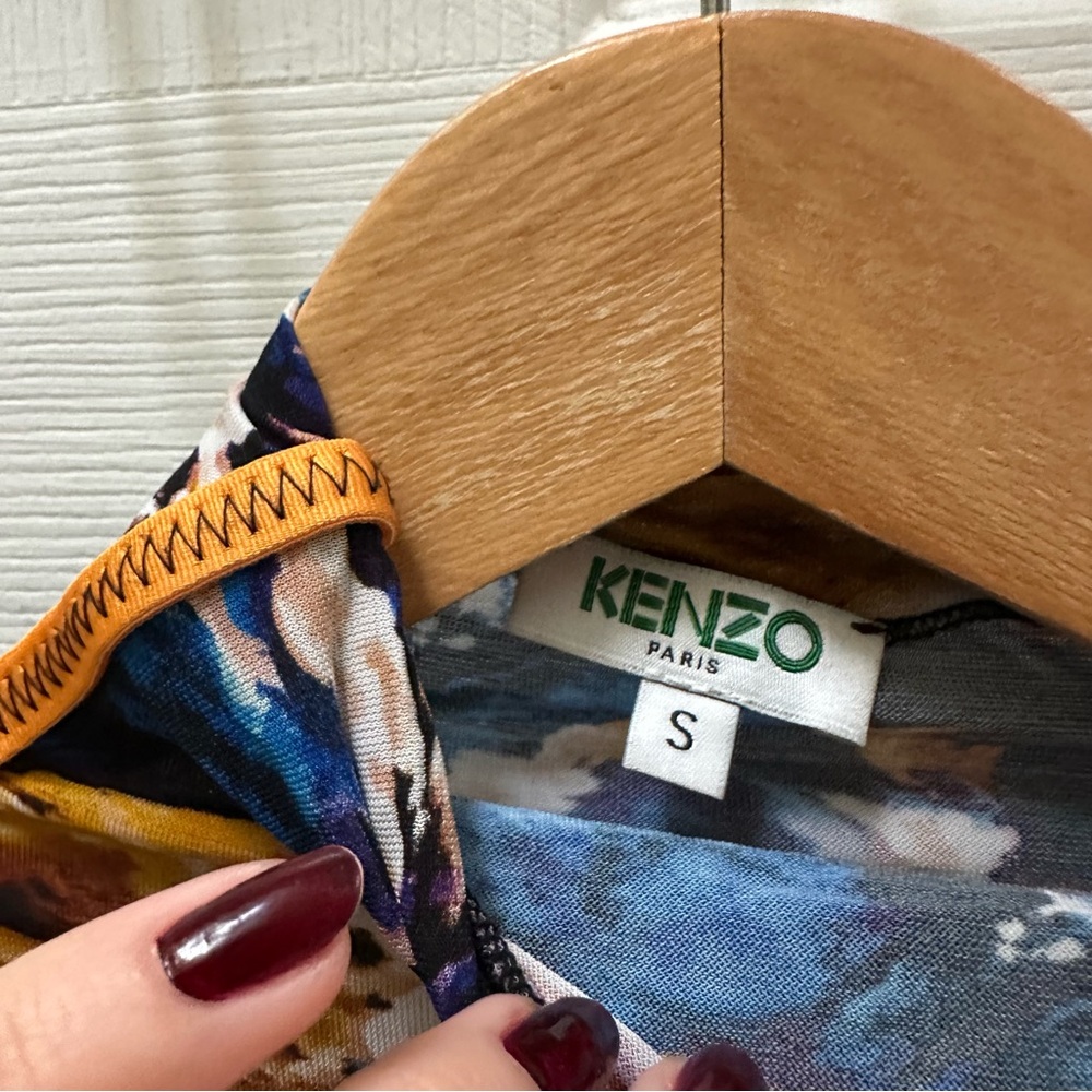 Kenzo Floral mock neck Long Sleeve Top viscose sheer orange black blue s small - Picture 2 of 7